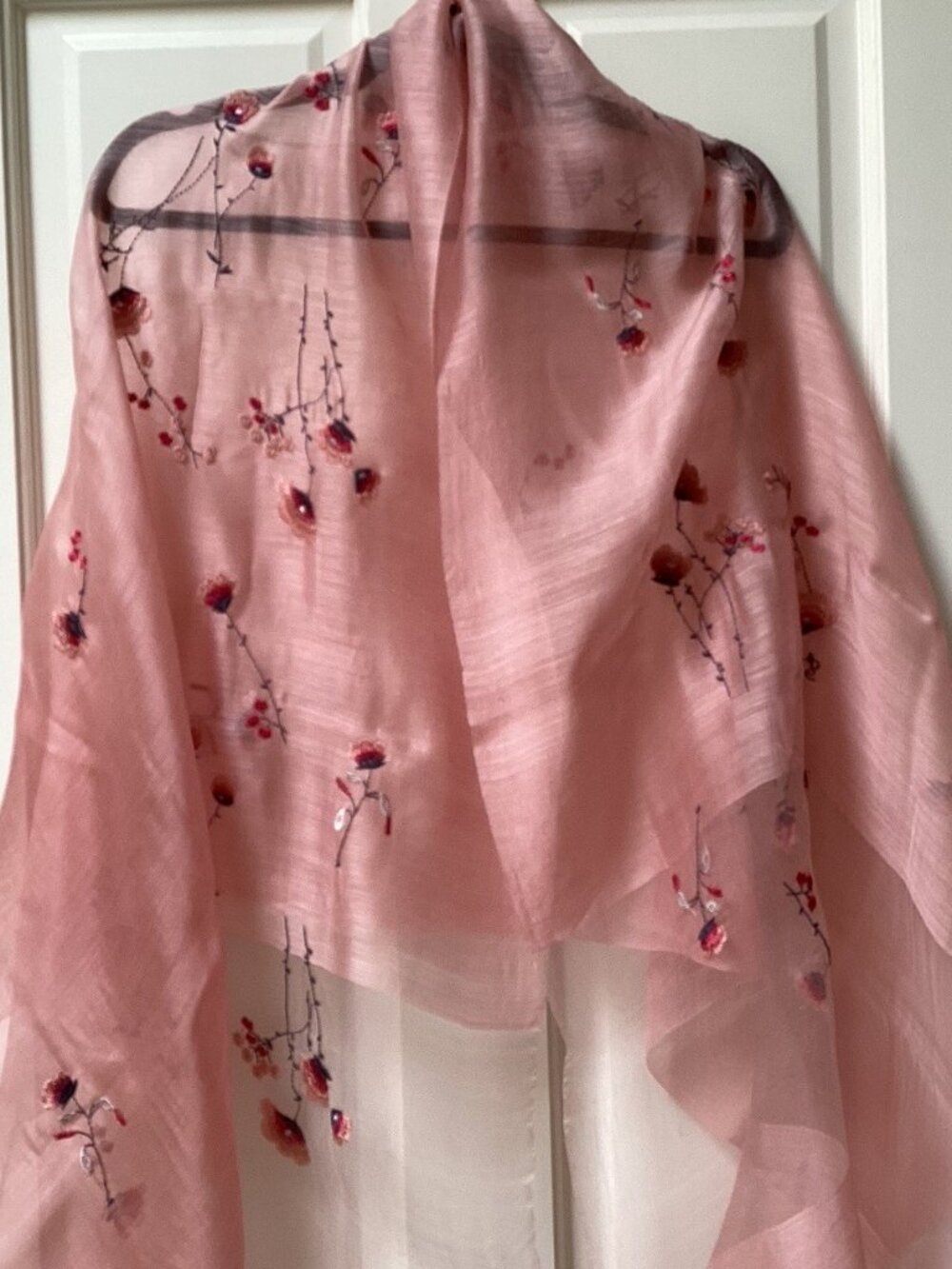 Pink embroidered scarf shawl wrap (74" x 30") Silk, wool blend